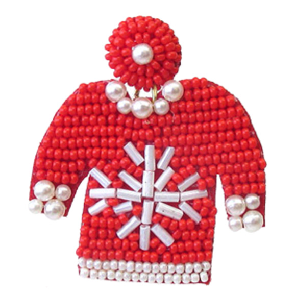 Holiday Red Beaded Snowflake "Ugly Sweater" Drop Earrings - Picture 2 of 2